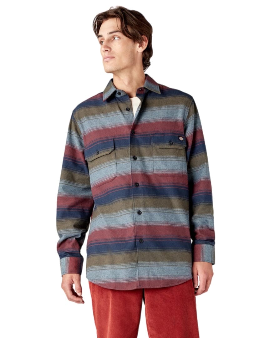 Dickies Regular Fit Long Sleeve Flannel - Brick / Olive Blanket Stripe - WL657BVS - 196520109856